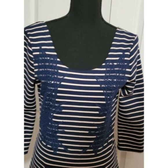 Free People 3/4 Sleeve Striped Embroidered Fit N Flare Dress Women's Sz M - Picture 2 of 6